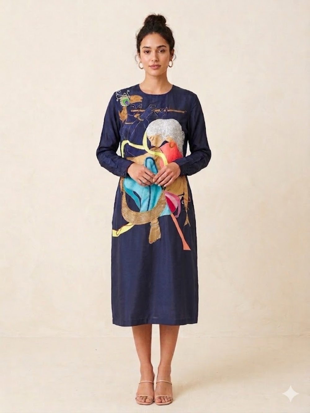 Akshita Radha Krishna Embroidered Dress Wearable Art Silk Like Back Zip Lined